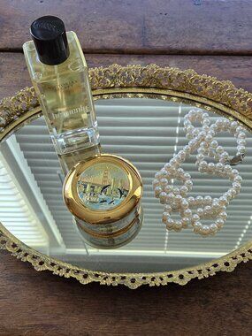 Vintage Oval Filigree Gold Tone Vanity Mirror Perfume Dresser Tray 10 x 13.75 In